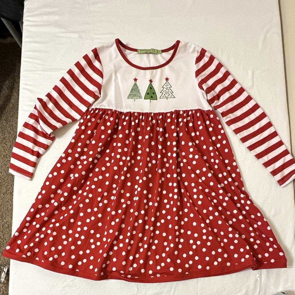 Millie Loves Lily Girls 8 Red White Green Christmas Tree Polka Dot LS Dress